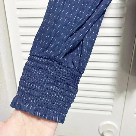 NWT LOFT Navy Blue White Pattern Cotton Long Sleeve Ruffle Button Up Blouse S - Picture 2 of 7